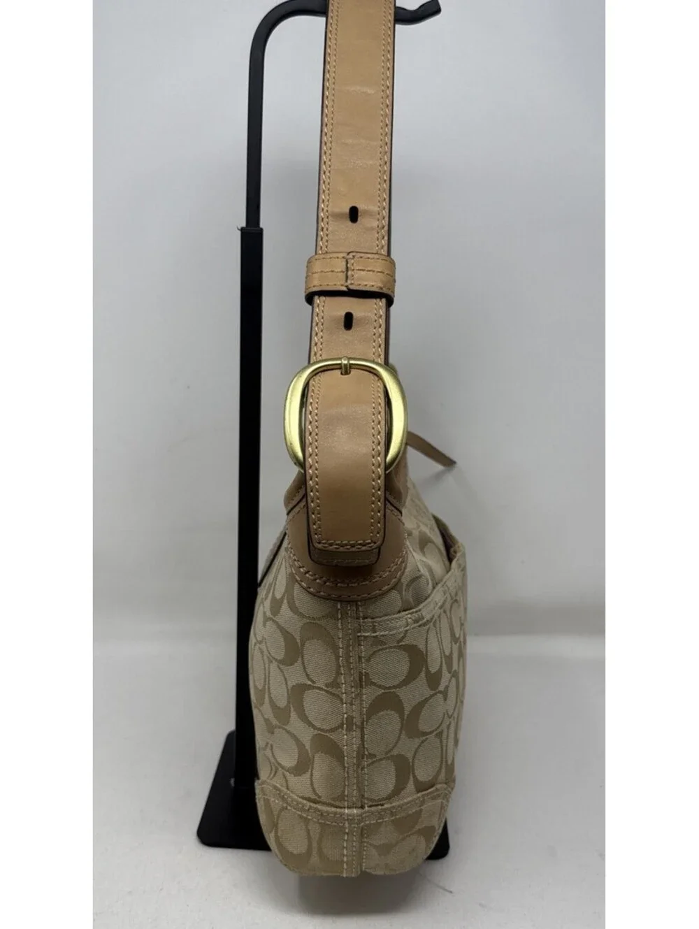 Coach Signature Monogram Crescent Shoulder Bag Beige